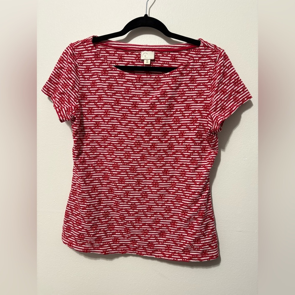 Anthropologie Postmark Size M Red And White Striped Shirt Embroidered